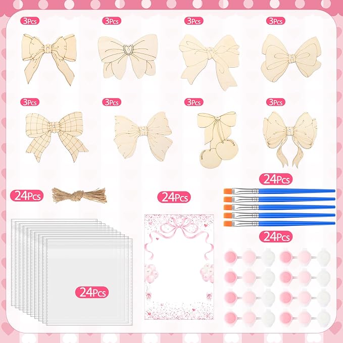 Saypacck 24 Pcs Pink Bow Party Favors Wooden Paint Craft Kits | Bow Themed Craft Activity, Girly Bow Designs for Birthday Parties, Bulk Favors for Goodie Bags,