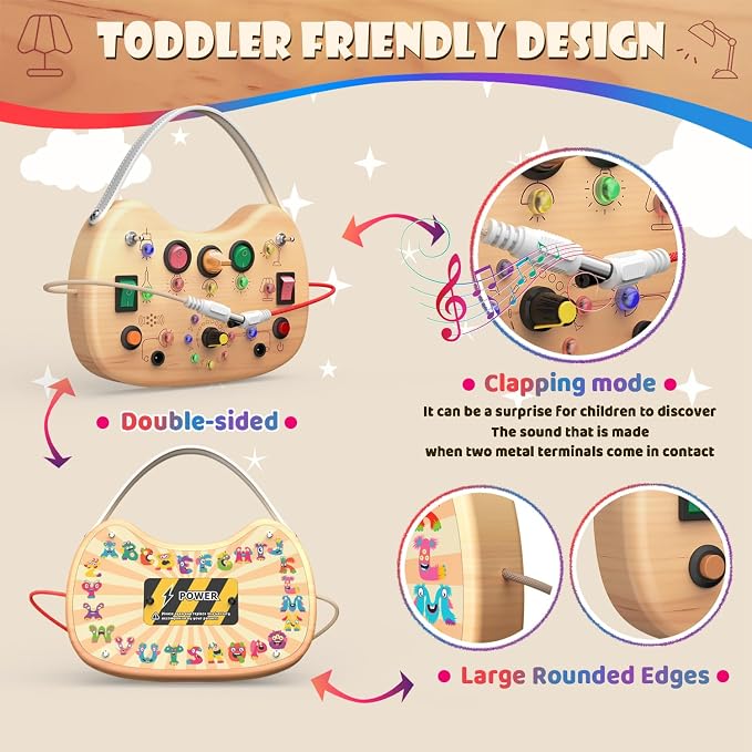 UdoUto Montessori Wooden Busy Board for Toddlers with LED Lights & Switches | Portable Activity Board, Car & Airplane Travel Toys Christmas & Birthday Gift for 1-3 Year Old Boys & Girls