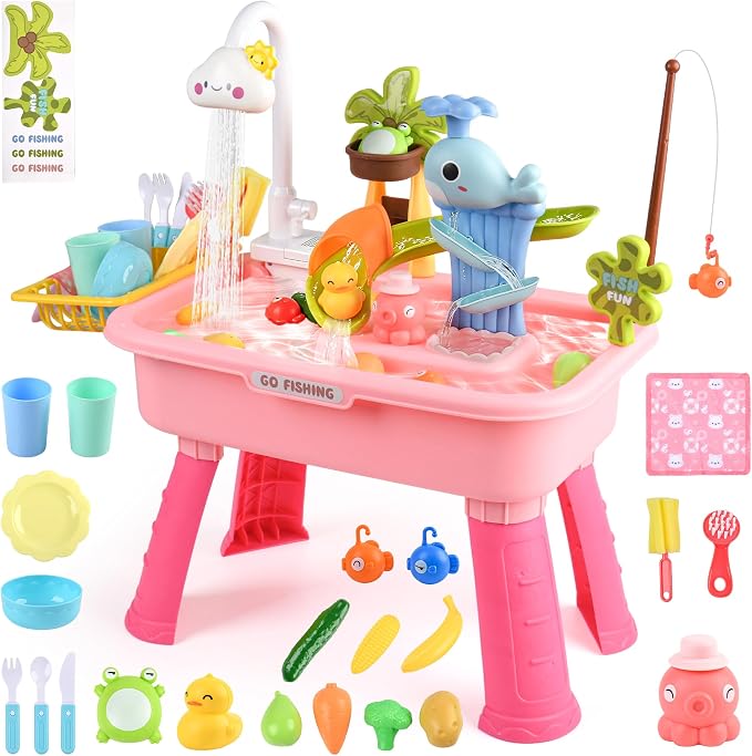 2027 Upgraded 4-in-1 Water Table for Toddlers 1-3, Kids Sensory Table with Electric Water Pump & Faucet, Kitchen Play Sink Toys with Food Accessories, Fishing Toy