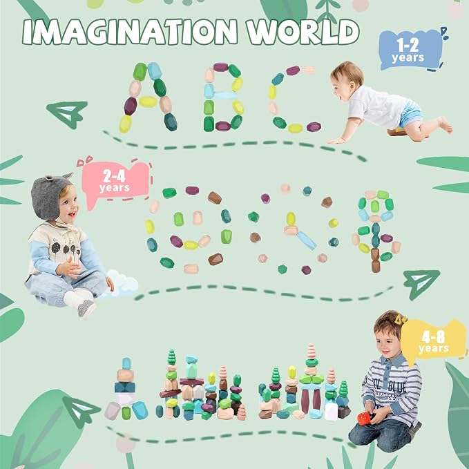 YHHYTOY 40Pcs Montessori Wooden Stacking Rocks Building Blocks Forest Theme | Preschool Sensory Learning Balancing Stacking Games Educational STEM Toys, Birthday Gifts for 3 4 5 Year Old Boys Girls Kids