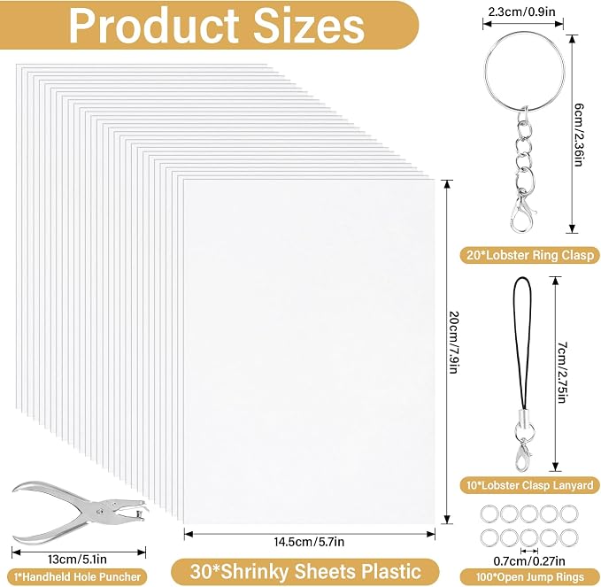 161 Pcs Shrink Paper Keychain Kit,30 Shrink Plastic Sheets for Teens | Includes 7.9 x 5.7 inch sheets,hole punch,lobster clasps and jump rings for coloring,keychains and charms