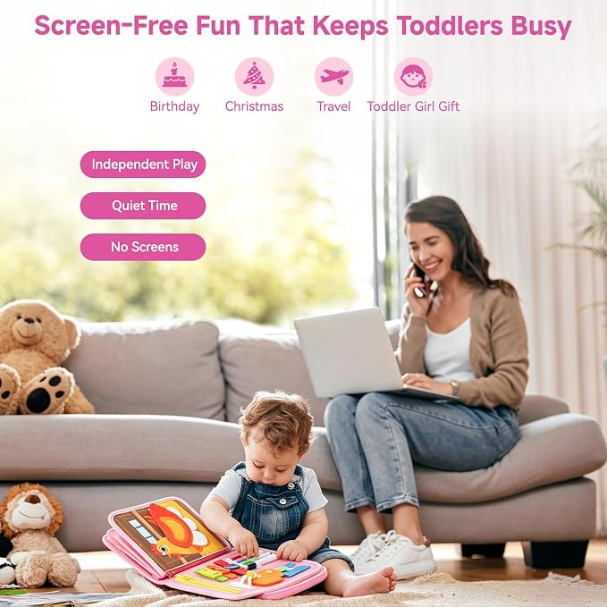 Montessori Busy Book for Toddlers 1-3 Years, Gift for 2 Year Old Girls | Screen-Free Toddler Activity Book with Magnetic Fishing, Peek & Hatch Play, Drawing, Matching, Counting & Life Skills