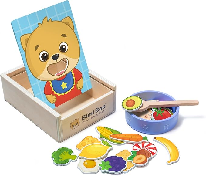 Wooden Feeding Toy - Montessori Scooping & Fine Motor Toy for Toddlers 1-4 | Speech Therapy & Occupational Therapy Pretend Play Food Set | 27 Foods, Spoon & Bowl