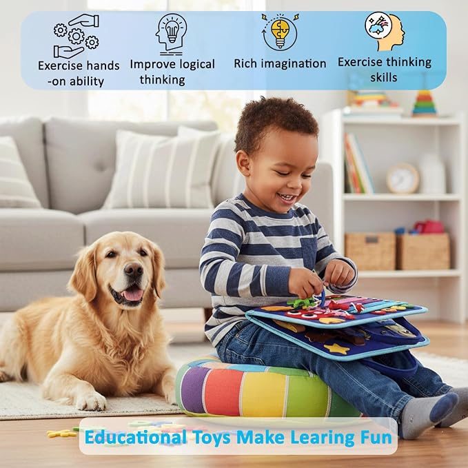 Montessori Busy Book for Toddlers, Educational Sensory Learning Toy for Boys & Girls, Interactive Preschool Activity Quiet Book, Travel Toy for Airplane & Car (Blue)