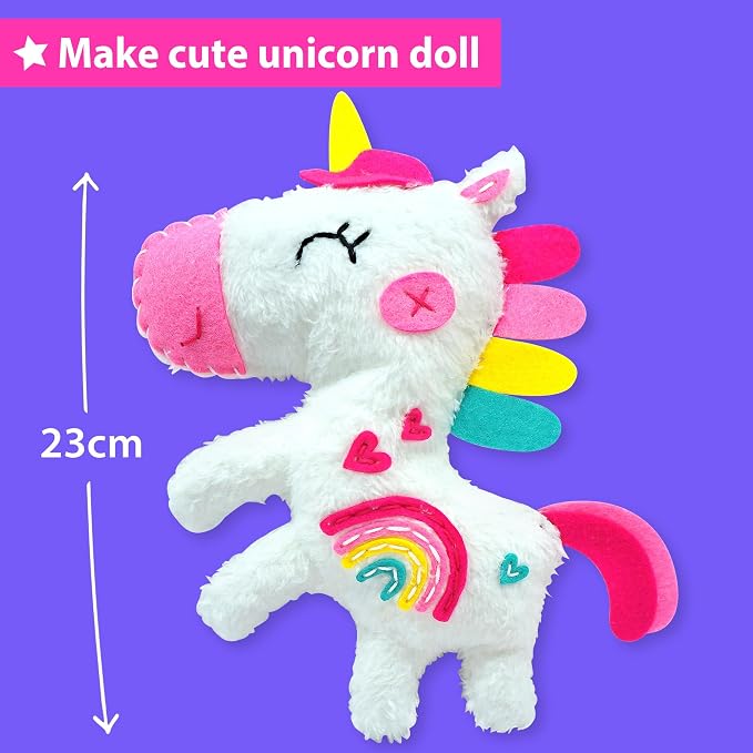 KRAFUN Unicorn Sewing Kit for Kids Ages 8-12 | No Scissors | Pre-cut & pre-punched felt, no glue needed. Child-safe needle. Sew your own unicorn plush. Beginner craft gift for girls