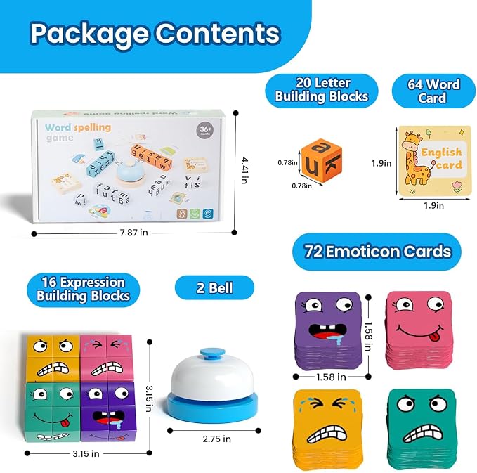 Face Changing Building Block Word Spelling Game Two-piece Set，Wooden Expression Letter Puzzle Cubes Board Game,for Kids Ages 3+ Boys and Girls Educational Toy Gifts.