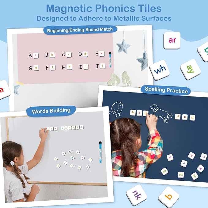 Aizweb Phonics Magnetic Letter Tiles,All-in-one Magnetic Phonics Kit,Reading Spelling & Word Building Games with Dry-Erase Boards,Phonics Games for Preschool & Kindergarten Classroom Learning