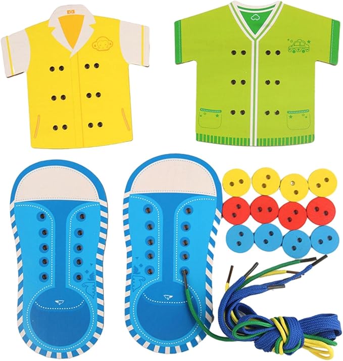predolo Kids Wooden Threading Toys Lacing Shoes Creative Puzzle Games Develop Imagination, Blue