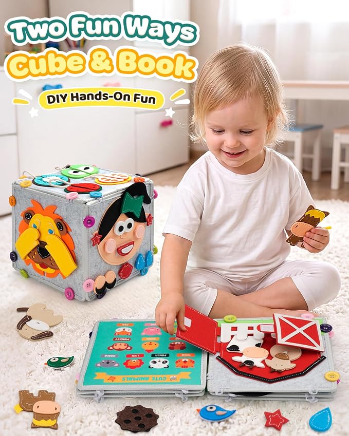 Toddler Busy Book, Montessori Toys Busy Board for Toddlers Birthday Gifts | Felt Book & Cube Sensory Travel Toy, Toddlers Preschool Educational Learning Toys, Quiet Activity Books for Airplane Car,Grey