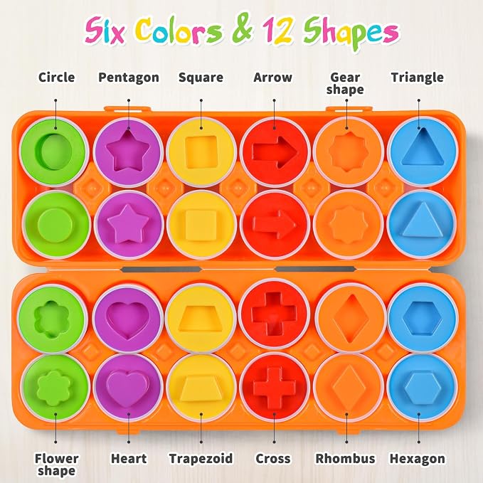 Matching Egg Toy 12 Pcs Develops Toddlers' Color & Shape Recognition Skills | Easter Basket Gift for Boys & Girls, Montessori Travel Toy for Kids 1-3, Fun Sorting Puzzle for Daily Early Education