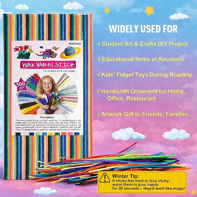 500PCS Wiky Sticks for Kids – Mess-Free Sensory Wax Yarn Sticks for Toddlers, Travel Toys for Road Trips, Car & Airplane, Fun Activities, Summer & Camping Non-Toxic Crafts, Ages 3+