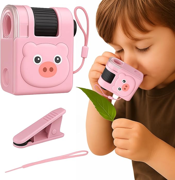 2026 New Kids Pocket Microscope Toy - 60x-80x Handheld Portable Science Kit with LED Light - STEM Educational Gift & Christmas Stocking Stuffer for Boys & Girls Age 3-12 (Pink Bear)
