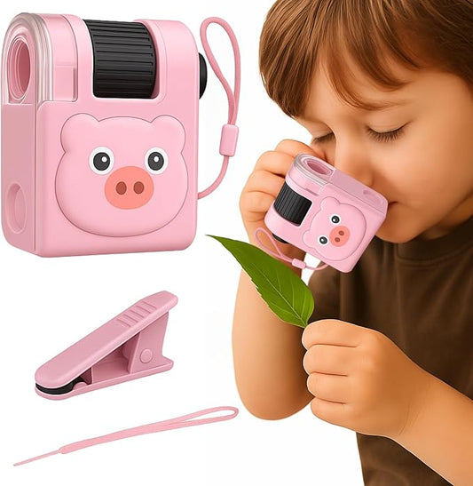 2026 New Kids Pocket Microscope Toy - 60x-80x Handheld Portable Science Kit with LED Light - STEM Educational Gift & Christmas Stocking Stuffer for Boys & Girls Age 3-12 (Pink Bear)