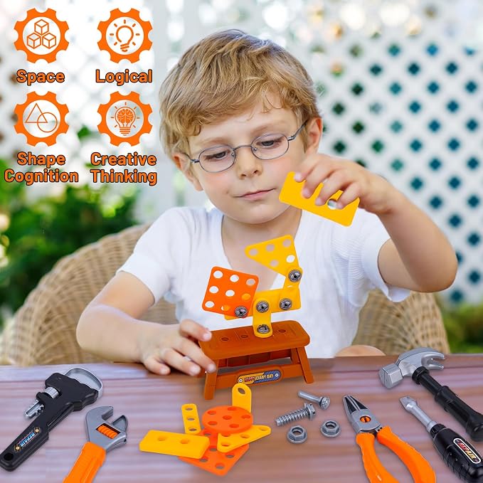 MAGIC4U 50PCS Kids Tool Set wtih Electric Drill, Safety Vest, Hat, Goggles | Pretend Play Construction Costume Toy, Tape Measure 12 Tool Equipements, Realistic sounds, Toddler Tool Box for Boy Girl