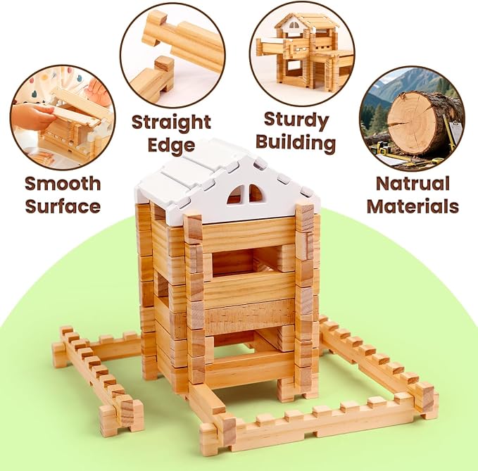 Jovi-mindly＆Notchies 63PCS Wooden Blocks Beginner Set Wooden Blocks |Preschool Learning Toys Wood Blocks Building for Kids Ages 3+ Creative Construction Game,FSC Certified,Birthday Toys Gifts
