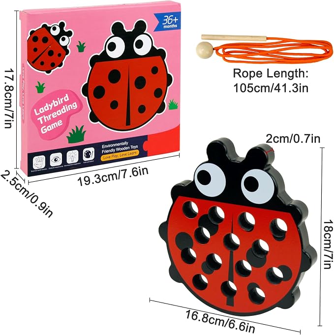 Sealive Wooden Lacing Toys for Toddlers, Fun Learning Activity | for Preschoolers, Develop Fine Motor Skills, Durable Montessori Toy for Travel (Ladybug)