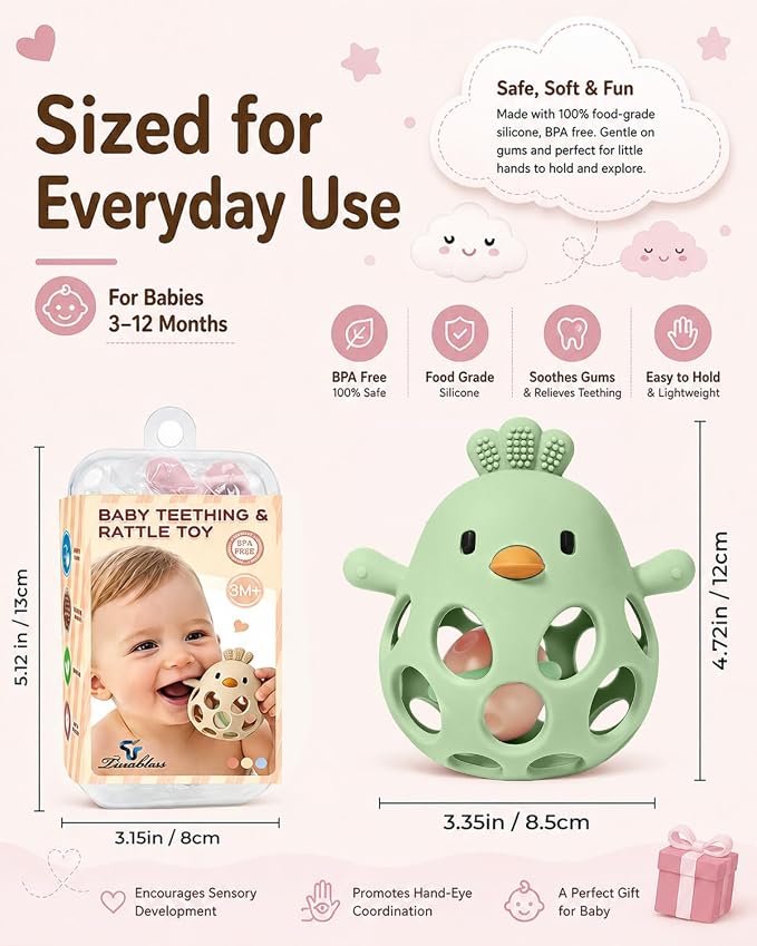Tinabless 2-in-1 Baby Teether Rattle Toy, Easy Grip Silicone Teething Toy for Babies 3-12 Months, BPA-Free Sensory Chew Toy for Sore Gums, Infant Shower Gift (Green w/Rattle)