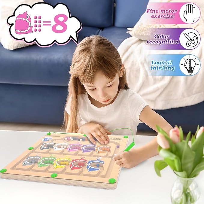 Magnetic Color & Number Maze, Montessori Counting Matching Toys, Wooden Magnetic Maze Board, Montessori Toy Fine Motor Skills Toys for 3 4 5 Years Old Preschool Learning Activities