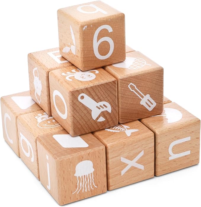 Peohud 26 PCS Wooden Alphabet Blocks, Cute ABC Building Blocks for Kids, Number Stacking Blocks, Preschool Educational Learning Toys with Shapes Objects on Every Side for Boys Girls