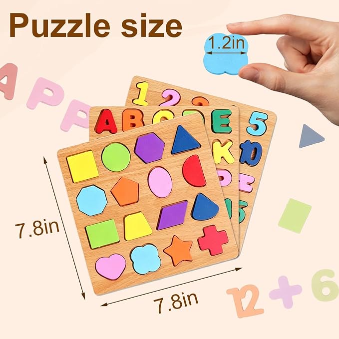 Wooden Puzzles for Toddlers 3-5, Boys & Girls, Montessori Toddler | 3 in 1 Wooden Puzzle, Alphanumeric Graphics Cognitive, for toddlers 3-5 make, natural wood, gift for a birthday
