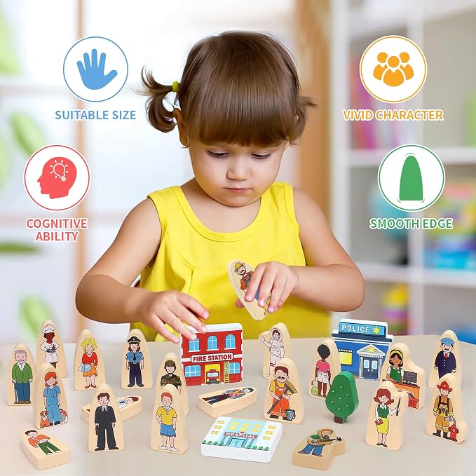 36Pcs Wooden Community Helpers Pretend Play Toys for Kids 3 4 5 6 Year Old, Wooden People Figures Blocks Occupations Dress up Toddlers Preschool Learning Toys Boys Girls Birthday Gifts