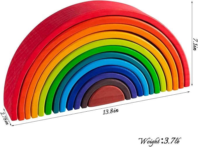 Wooden Rainbow Stacking Toy - 12 Pieces Extra Large Montessori Wooden Stacking Arch Educational Toys, Nesting Puzzle Building Blocks for Kids Toddlers (Rainbow Stackers)