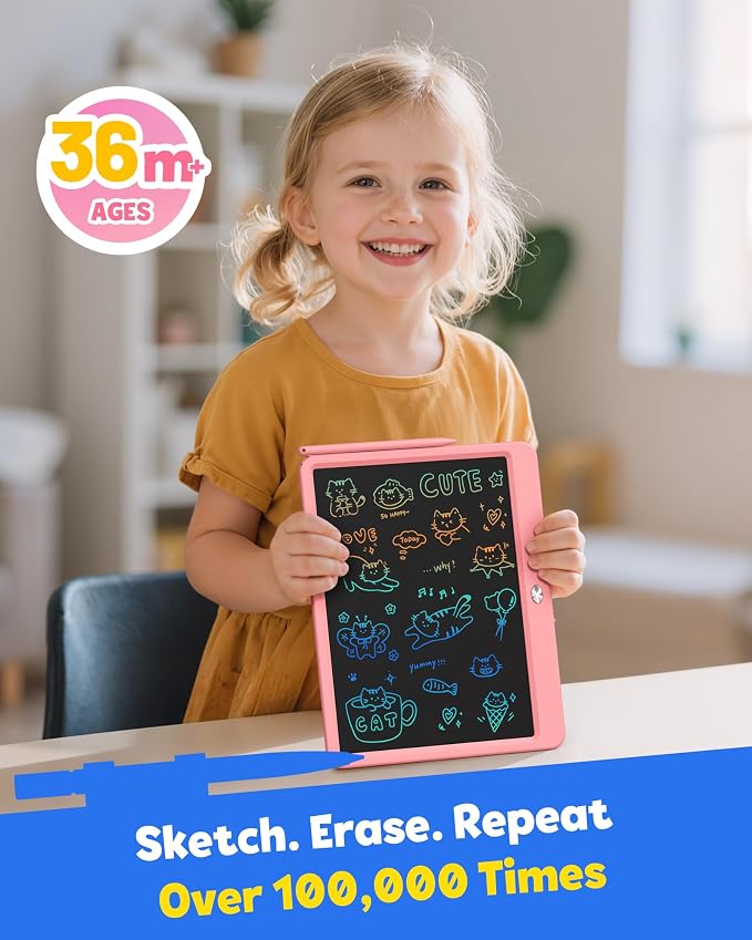 12 Inch LCD Writing Tablet for Kids, Coloring Drawing Pad, Mess Free Doodle Board, Airplane Travel Toys for Boys and Toddlers, Road Trip Essentials, Gifts for 3 4 5 6 7 8 Year Old Girls(Pink)