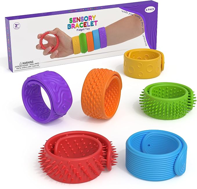 6Pcs Fidget Toys Slap Bracelets, Textured Silicone Sensory Toys for Kids, Autism Calming Sensory Toy, Wearable Stress Fidgets for Adults Office Desk, Travel, Special Needs, Classroom Must Haves