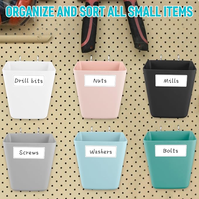 G.CORE Large Pegboard Cups Peg Board Storage Bin 6 Pack with Hooks, Square Box Shape Pegboard Cup Holder Accessories for Garage Workbench/Craft Room/Office/Playroom/Home Kitchen Organization (Mixed) | Big Open-Mouth Cups, 1/8" 1/4" Pegboard Organizer A...