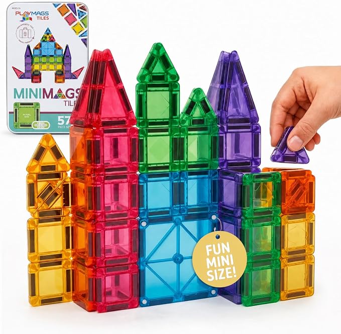 Playmags Mini Magnetic Tiles for Kids 57-Piece Set | Travel Magnetic Blocks | STEM Sensory Educational Toys | Portable Toddler Building Toys | Gift for Boys & Girls Ages 3