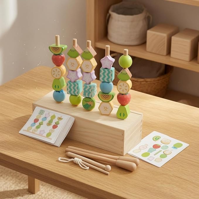 Children Learning Beads Wooden Fruit Themed Threading Blocks with Lacing String Pattern Cards Storage Box for Sequencing Shape Recognition Suitable for Classroom playroom