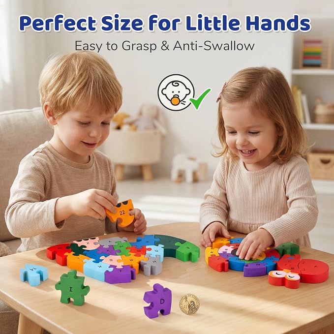 LovesTown Wooden Puzzles, Snail & Dinosaur, Double-Sideld | Alphabet & Number Learning, Montessori Toy, for Kids, Shape Recognition, Fine Motor Skills, Screenless Play