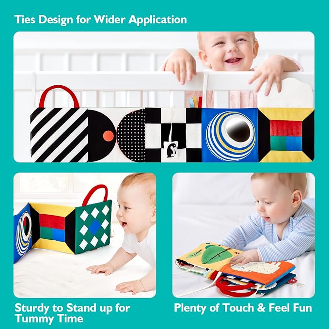 hahaland Baby Books Double-Sided High Contrast Newborn Toys | Baby Tummy Time Books 0-6 Months with Crinkle, Squeaky Sounds, Touch Feel, Visual Stimulation
