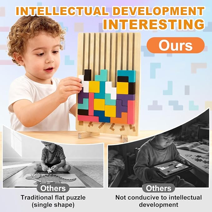 Wooden Montessori Blocks Puzzle for Kids, Brain Teaser Stacking Toy | Russian 3D Colorful STEM Educational Board Game for Toddlers, Ideal Birthday Gift for Boys Girls Ages 3 4 5 6