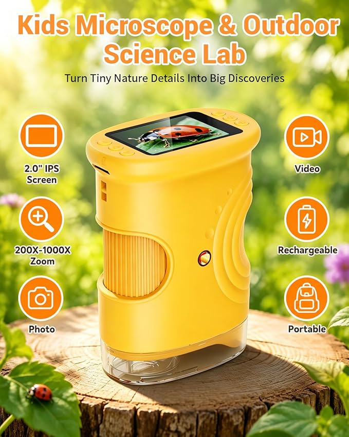 1000X Digital Handheld Microscope for Kids Portable Outdoor Toys & Gifts | 2.0" IPS Screen Magnifier, STEM Science Lab Magnifying Glass, Photo&Video Pocket Edu Toy for Boys & Girls Age 4-12, Orange