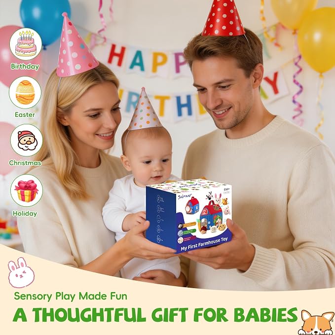 SAIMAND Montessori Farm Toy for Babies, Plush Barn with 7 Soft Animal Toys | Crinkle, Squeaky, Rattle, Mirror, Portable Barn Storage, Fine Motor Play, Multi-Sensory Learning, Gift for Infants & Toddler