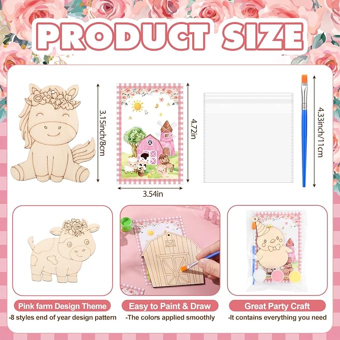 Saypacck 24 Pcs Party Favors Wooden Painting Craft Kits Birthday Party Supplies with Organza Bag for Goodie Bags Fillers Adult Thank You Gifts(Pink Farm)