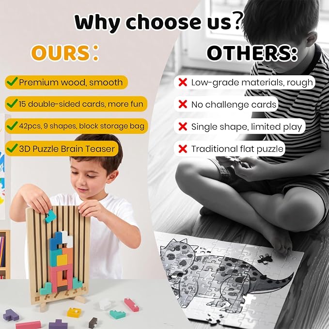 Montessori Brain Blocks Kids Wooden Stacking Toys 3D Tetris Puzzles | 42 PCS Colored 3D Russian Block Puzzle with Cards & Bag, Educational Montessori Toys Jigsaw Stack Game Board for 3-8 Year Old