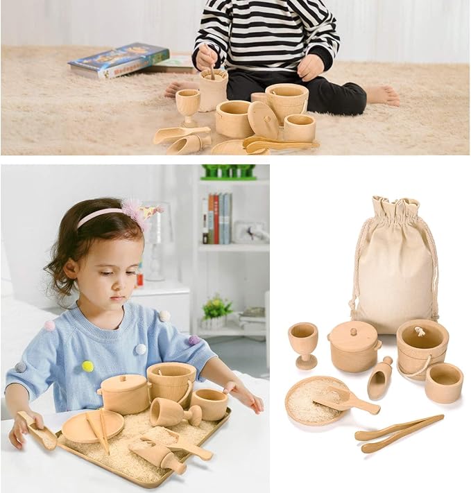 Montessori Toys Sensory Bin Toys for Toddlers Set of 9 | Wooden Waldorf Toys Wooden Scoops and Tongs for Transfer Work and Fine Motor Skills Development