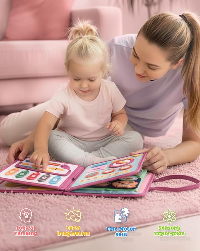 Pink Montessori Busy Board for Toddlers,8-Page Sensory Activity Book for Fine Motor Skills & Basic Dress Learning, Portable Travel Toy for Preschool Kids, Portable Travel Gift for Preschool Girls