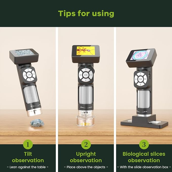 JL112 Handheld Microscope for Kids Adults, Portable Digital Microscope with 2" LCD Screen, 1080P USB Pocket Microscope Camera with 8 LED Lights, PC View, Microscope Slide Kit, 32GB
