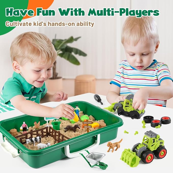 FRUSE Farm Sensory Bin Toys with Play Sand Kit & Tractor for Toddlers 3-8 | Sand Box, 2.2lbs Sensory Sand Kit, Farm Ainmal Figures, Sandbox with Lid, Sands Toys, Farm Tools, Gift for Toddlers Kids