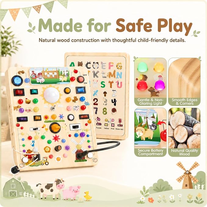 Busy Board with 19 LED Light Switches, Montessori Toys for 1 2 3 Years Old, Wooden Sensory Board, Toddlers Activity Travel Toys for 1 2 3 Year Old Boy & Girl Birthday Gift (Big Farm)