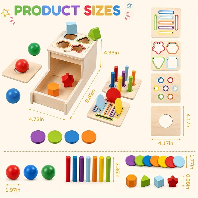 Montessori Toys for 1 Year Old, 4 in 1 Object Permanence Toys for Babies | Ball Drop Coin Box, Fine Motor Skills Color & Shape Sorting Toys for Toddlers, Sensory Toys for 6 12 18 Months Old