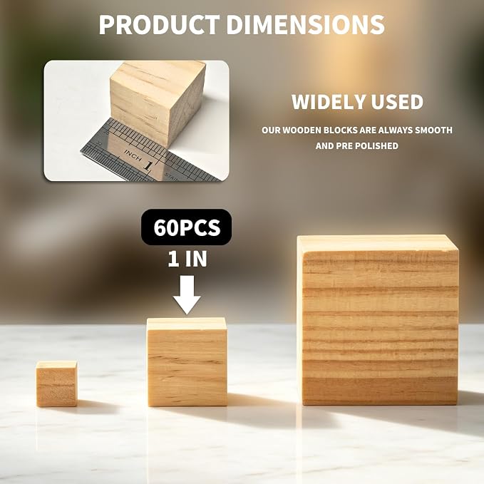 60Pcs Unfinished Wood Cubes,1Inch Wooden Blocks for Crafts | Blank Solid Wood Square Blocks for Painting, Craft Making, DIY,Building Model and Home Decor (60, 1 inch)