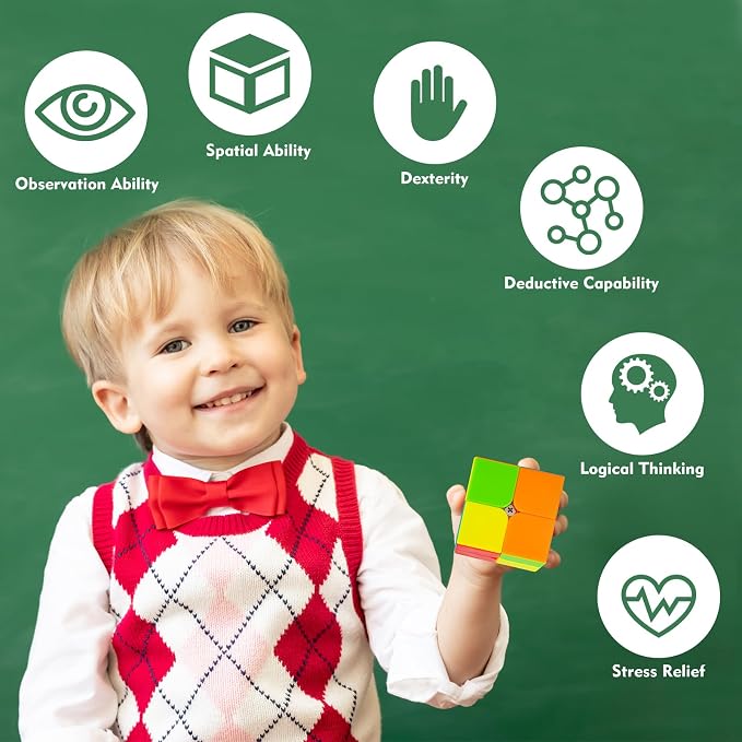 Stickerless 2x2 Speed Cube with Stand & Guide for Kids & Adults | Smooth-turning STEM puzzle with display stand. Great for classrooms, travel, office desks, gifts and brain training.