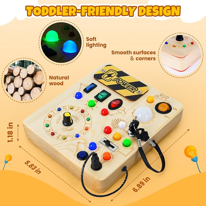 Busy Board, Montessori Toys for 1+ Year Old, Busy Board with 13 Led Light, Wooden Toddler Educational Travel Toy, 1 Year Old Boy&Girl Gifts
