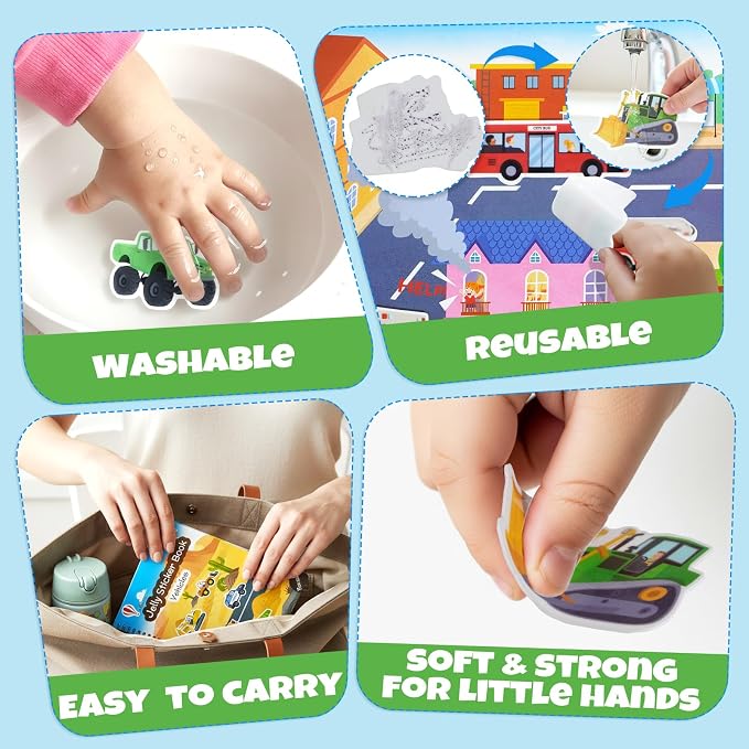 Reusable Sticker Book for Toddlers – Vehicles & Construction, 3 Sheets Washable Car Truck Jelly Stickers, 9 Play Scenes Sticker Activity Book for Kids, Road Trip Travel Toys