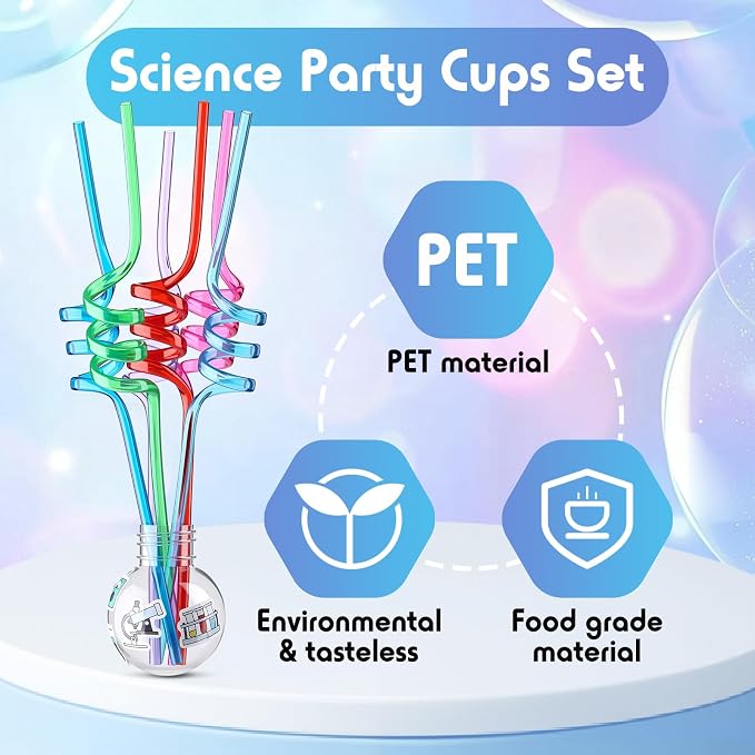 Jingmore 36 Pcs Science Party Theme Cups Set with Silly Loop Straws Science Stickers Plastic Reusable Small Conical Flask Bottles Test Tubes for Birthday Party Decorations(Spherical Bottles)