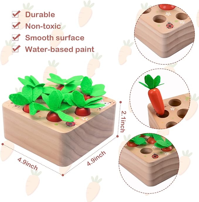 Wooden Montessori Toys for 1 Year Old, Carrots Harvest Shape Sorting Toy | Educational shape sorting matching wooden toys for fine motor skills, Great birthday & Easter gift for 1+ year olds